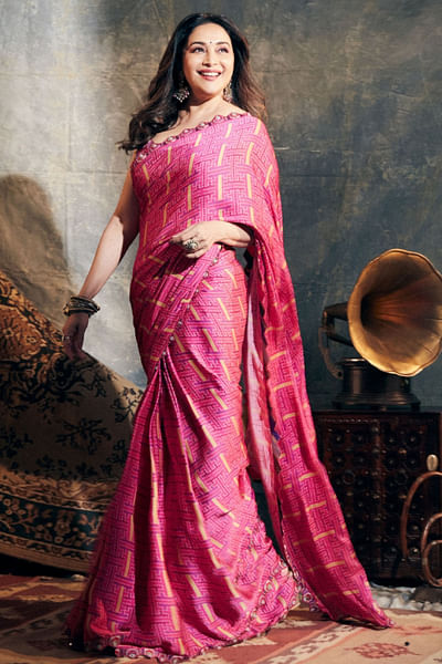 Hot pink block printed sari set
