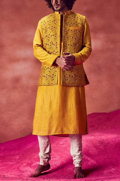 Yellow mirror embroidered bandi kurta set