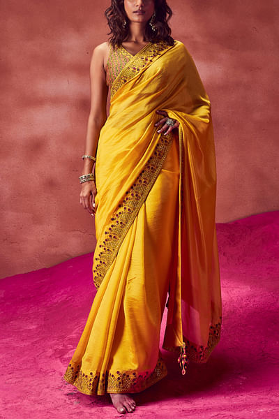 Yellow embroidered organza sari