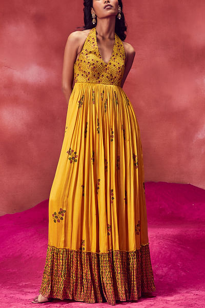 Yellow printed long crush dress