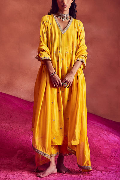 Yellow silk anarkali set