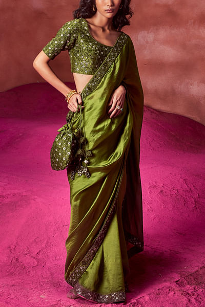 Olive green embroidered sari set