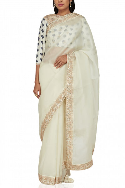 Ivory embroidered organza sari