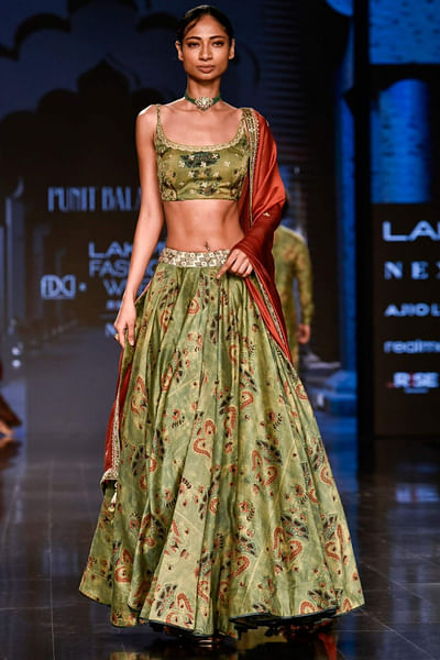 Green printed lehenga set