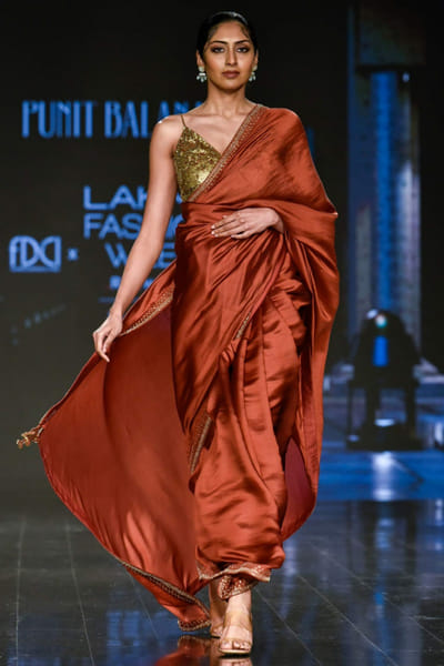 Brick red organza silk sari set