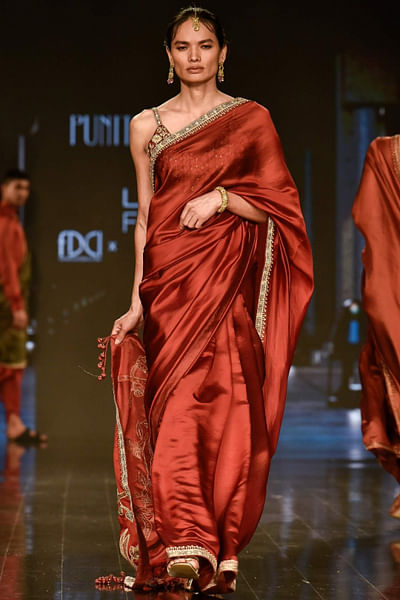 Brick red embroidered sari set