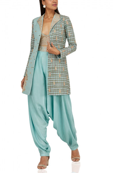 Dusky blue jacket & dhoti set