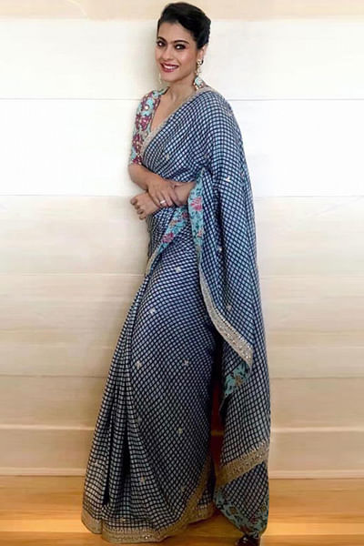 Blue printed saree with embroidered blouse