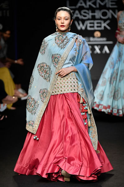 Hand-embroidered kurti with skirt and dupatta