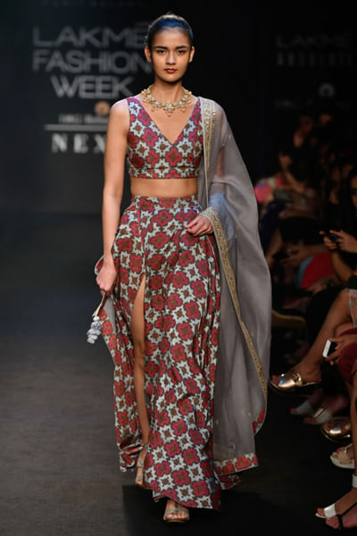Crop-top, skirt and embroidered dupatta