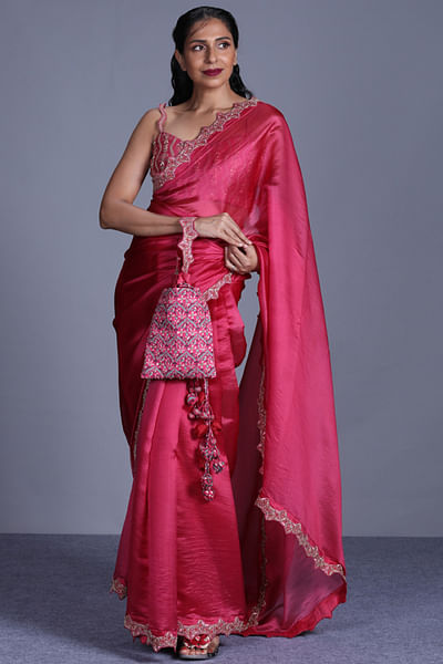 Pink embroidered organza sari set