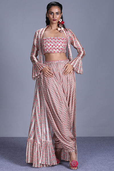 Cream printed cape and dhoti set