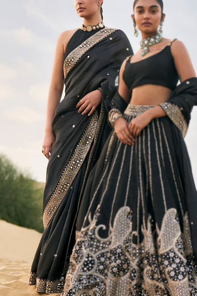 Black mirror embroidery sari set