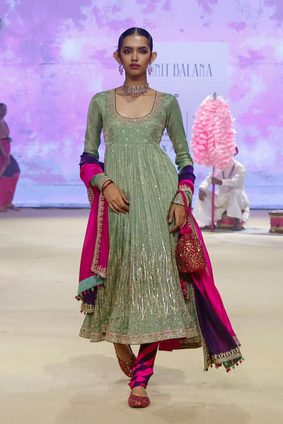 Sage green marodi embroidered anarkali set
