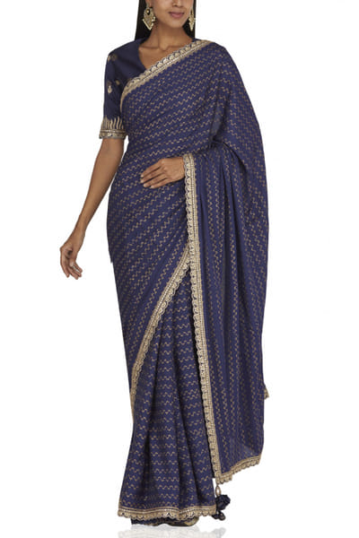 Blue khadi printed silk sari set
