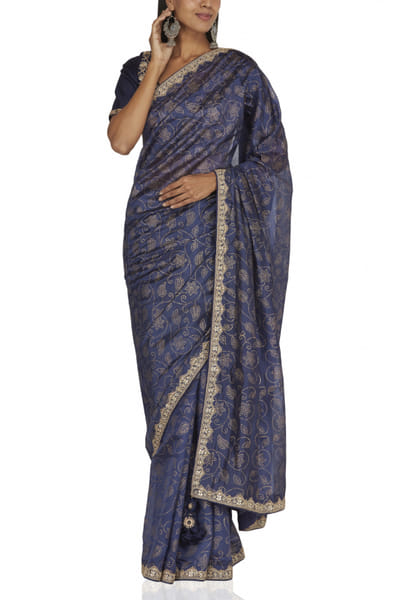 Blue printed khadi sari set