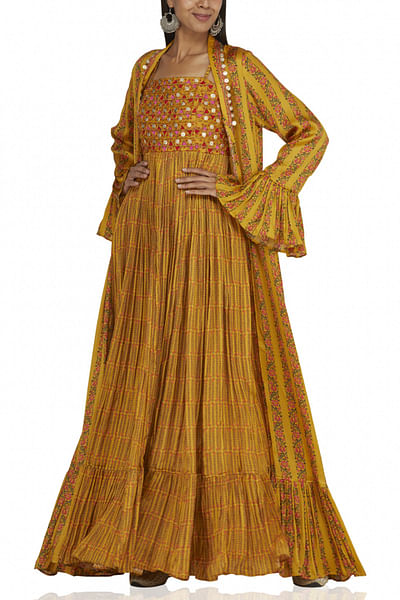 Yellow printed maxi and cape set