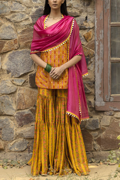 Mustard kurti gharara set