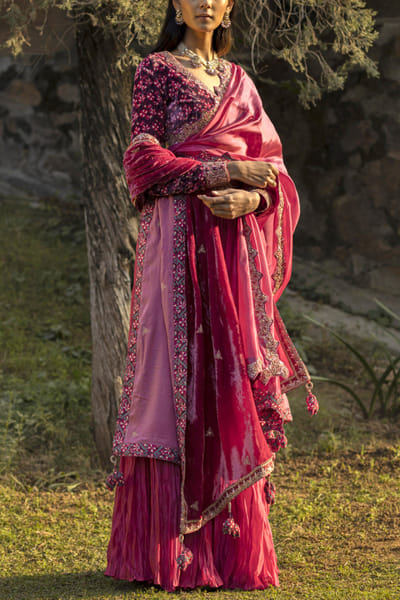 Pink velvet and organza lehenga set