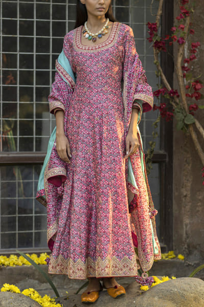 Pink silk chanderi anarkali set