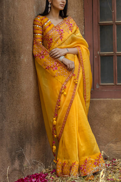 Punit Balana Mustard embroidered sari set PUBPBMR62