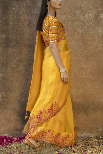 Punit Balana Mustard embroidered sari set PUBPBMR62