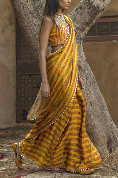 Mustard printed sari set