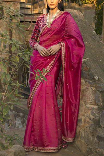 Pink embroidered sari set