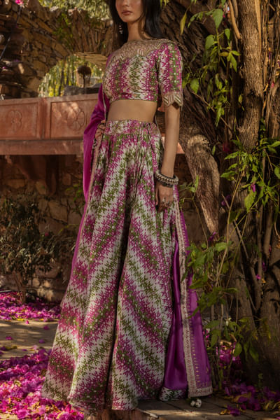 Purple and mint printed lehenga set