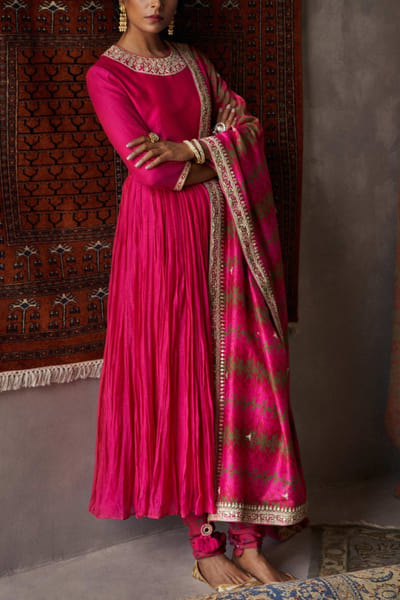 Fuschia pink chanderi anarkali set