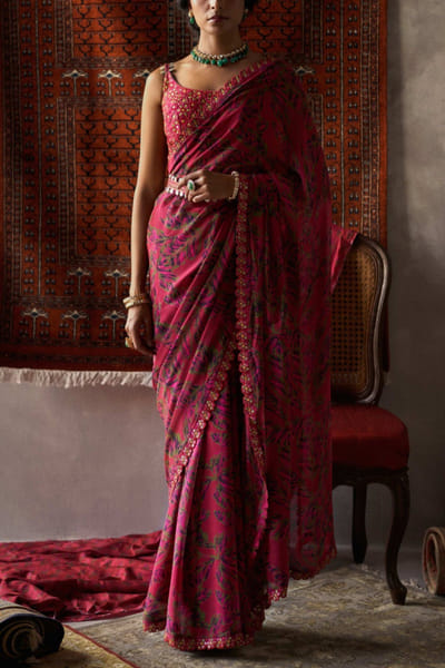 Punit Balana Red printed chiffon sari set PUBPBSB86