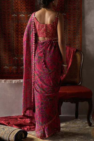 Punit Balana Red printed chiffon sari set PUBPBSB86