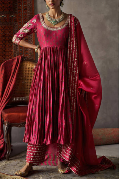 Red crushed chanderi anarkali set