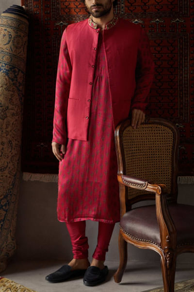 Red printed silk kurta set