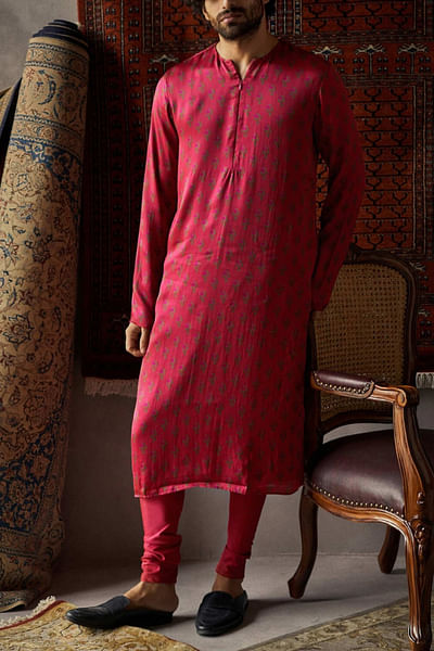 Red printed satin silk kurta set