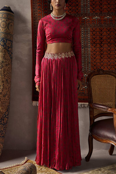 Red satin silk skirt and top