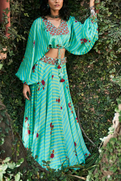 Turquoise satin silk skirt set