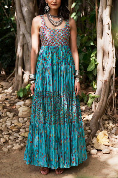 Turquoise satin silk dress