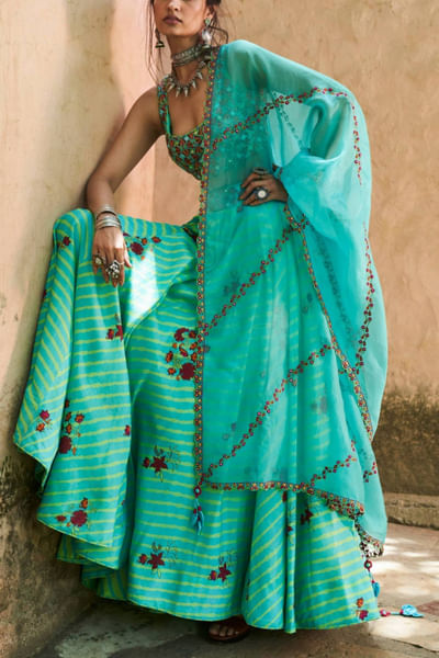 Turquoise chanderi lehenga set