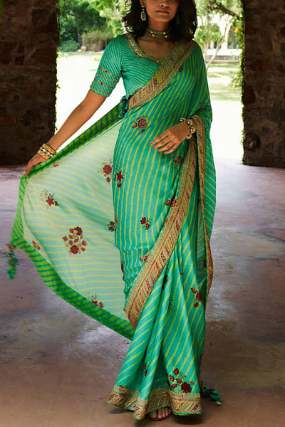 Turquoise satin silk sari set