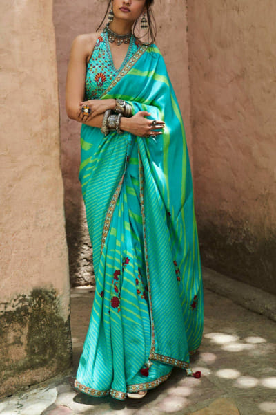 Punit Balana Turquoise silk printed sari set PUBPBWFOT1