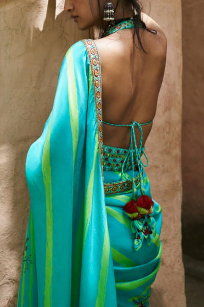 Punit Balana Turquoise silk printed sari set PUBPBWFOT1