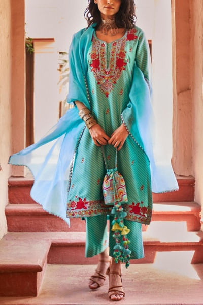 Turquoise chanderi kurta set