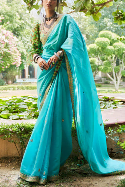 Turquoise organza silk sari set