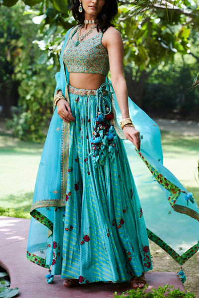 Turquoise chanderi lehenga set