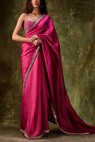 Fuchsia pink organza sari set