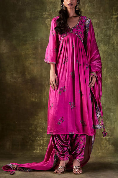 Pink satin silk anarkali set