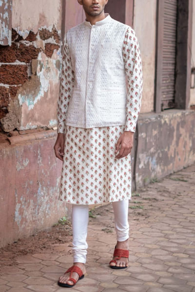 White printed kurta and bandi set