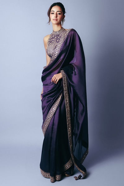 Purple mirror and marodi embroidered sari set