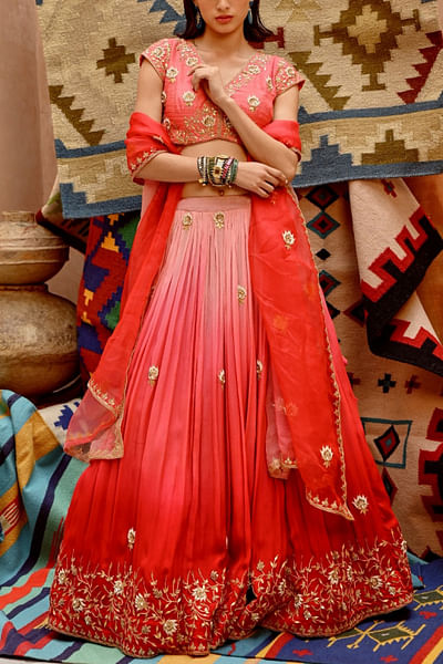 Coral ombre floral embroidery lehenga set